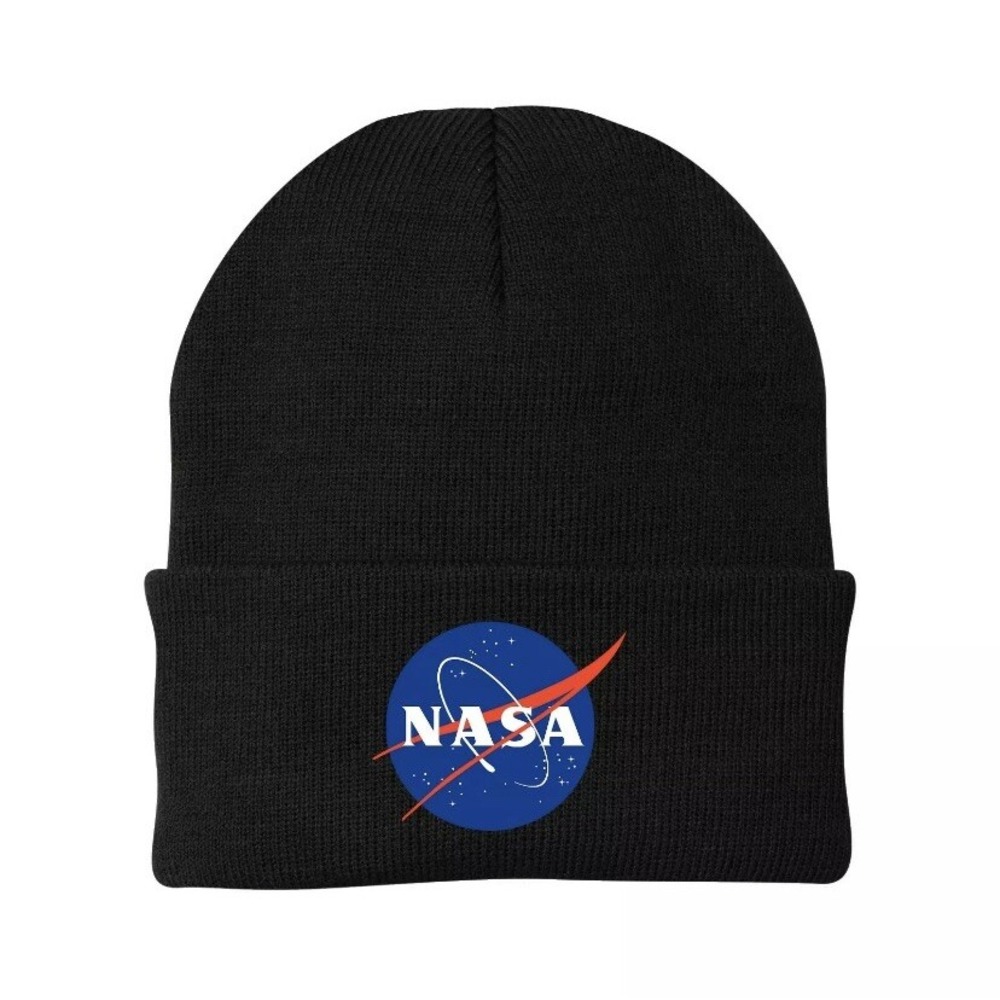 NASA Logo Black Knit Beanie Hat Space Science Cuffed Winter Skull Cap Unisex